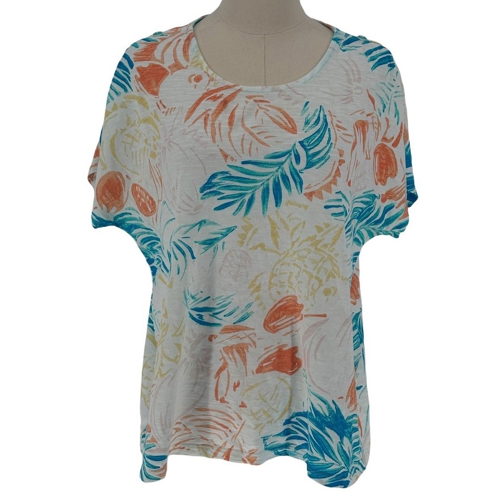 Chico's Tropical Fruit Print Cotton Short Sleeve Button Detail Top Size 2